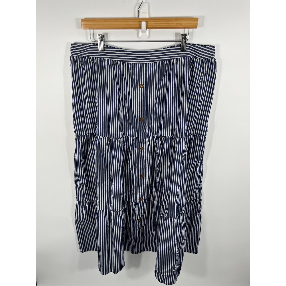 Lane Bryant Womens Tiered Maxi Skirt 18/20 Blue White Stripe Coastal Nautical